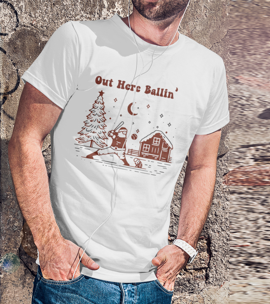Out Here Ballin' Santa Playing Baseball Christmas Scene T-Shirt
