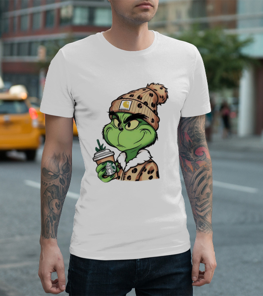 Grinch Boujee Leopard Coffee Cozy Winter T-Shirt
