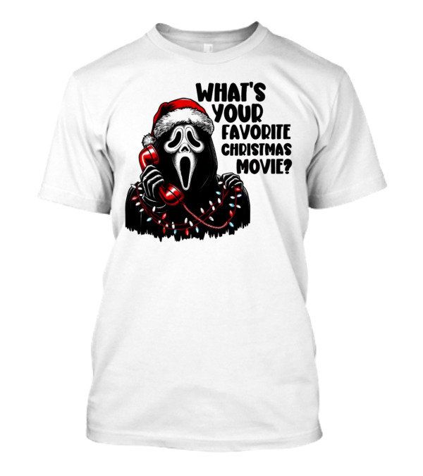 Ghostface What's Your Favorite Christmas Movie Festive Horror Santa Hat Phone Lights T-Shirt