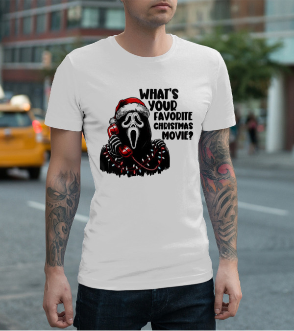 Ghostface What's Your Favorite Christmas Movie Festive Horror Santa Hat Phone Lights T-Shirt