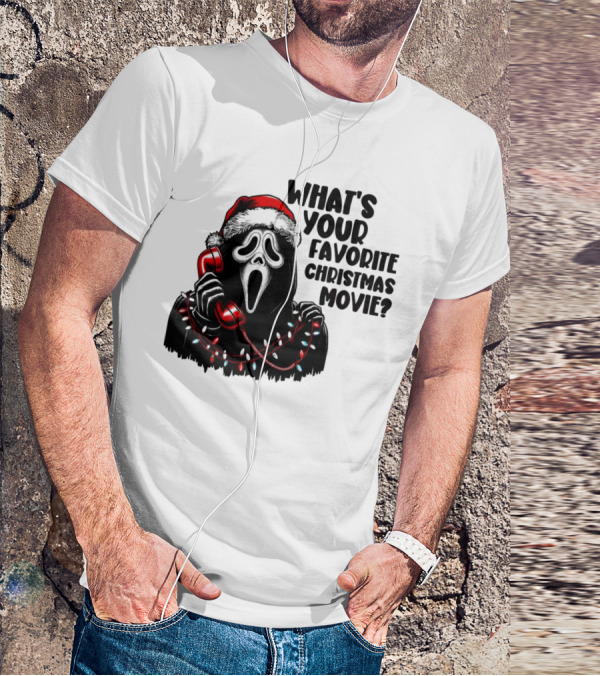Ghostface What's Your Favorite Christmas Movie Festive Horror Santa Hat Phone Lights T-Shirt