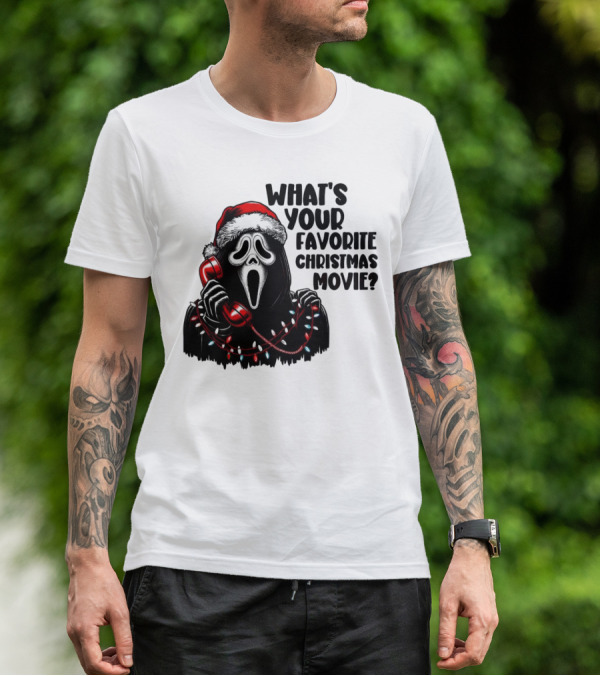 Ghostface What's Your Favorite Christmas Movie Festive Horror Santa Hat Phone Lights T-Shirt