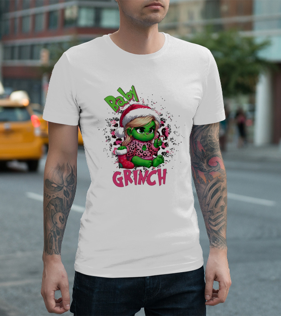 Baby Grinch Pink Leopard Christmas T-Shirt