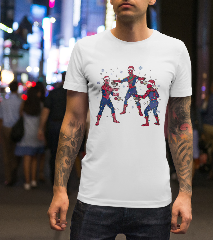 Funny Marvel Three Spiderman Meme Santa Christmas Lights Snowflakes T-Shirt