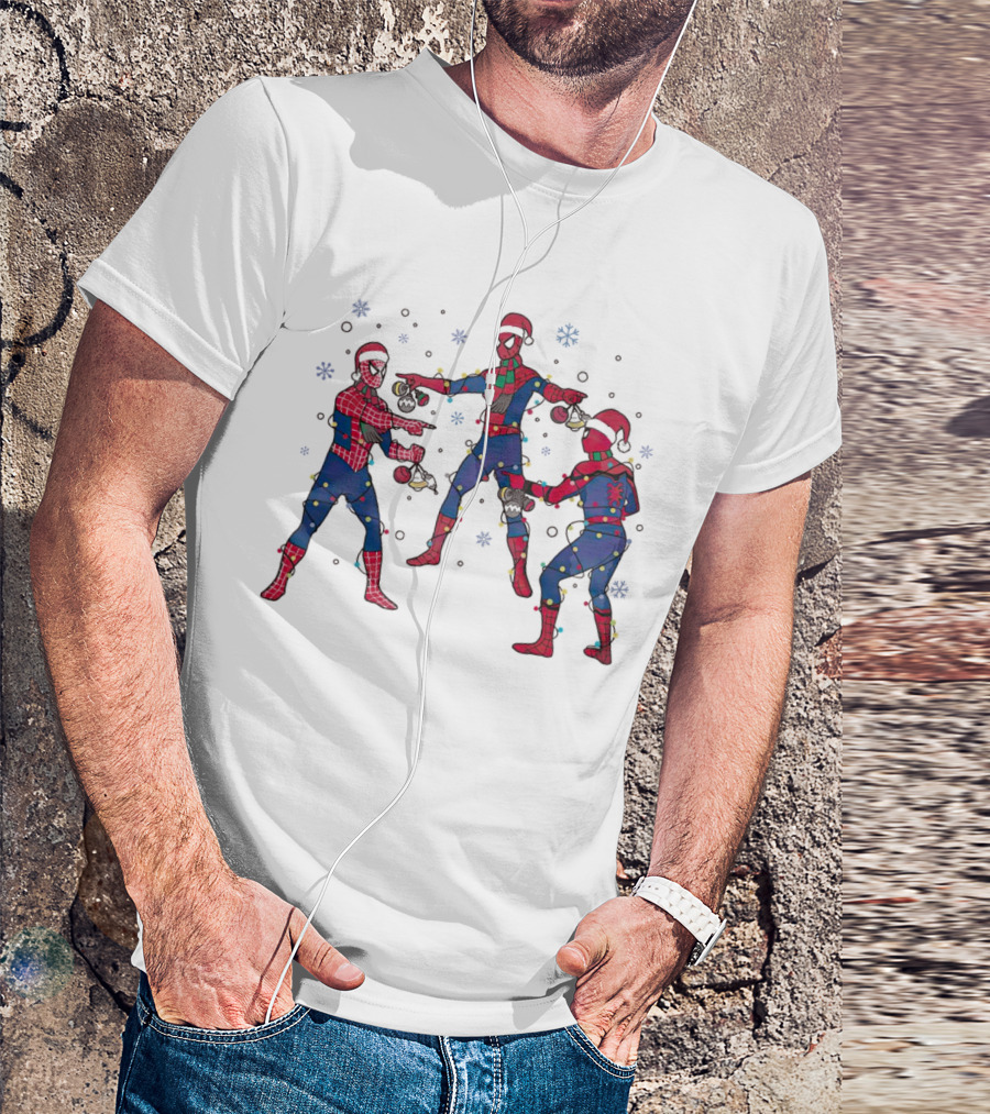 Funny Marvel Three Spiderman Meme Santa Christmas Lights Snowflakes T-Shirt