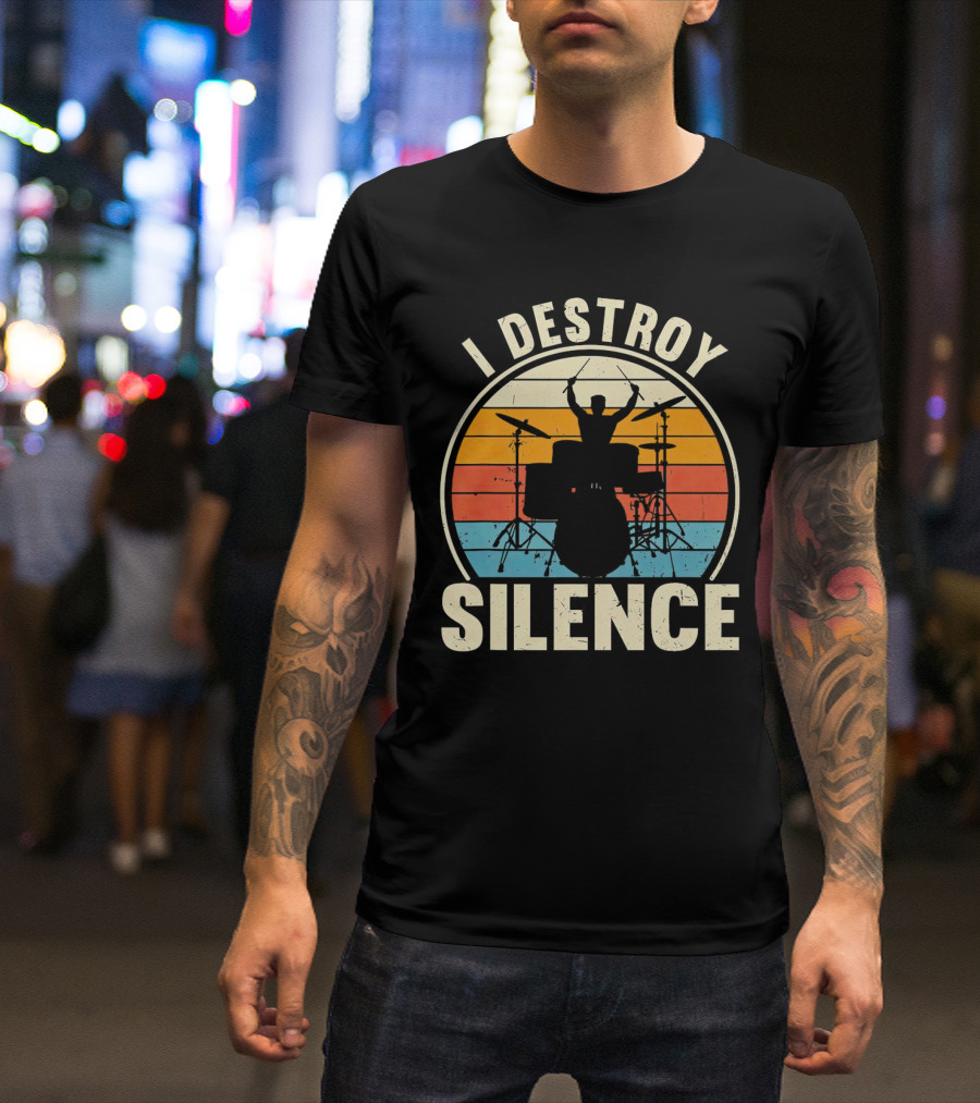 I Destroy Silence Drummer Vintage Sunset T-Shirt