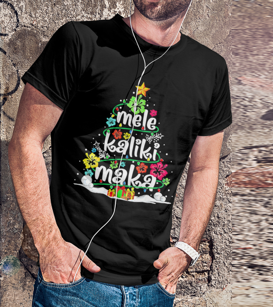 Mele Kalikimaka Christmas Tree With Flowers And Gifts T-Shirt