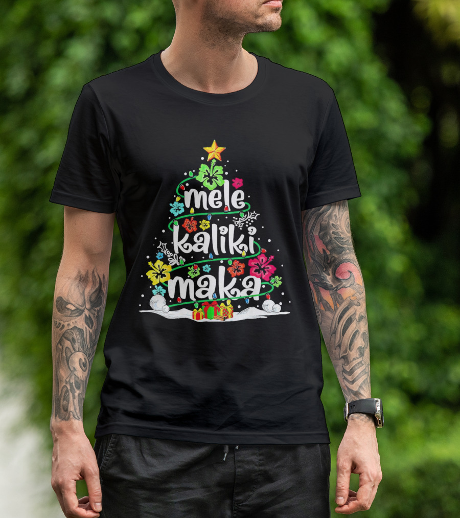 Mele Kalikimaka Christmas Tree With Flowers And Gifts T-Shirt