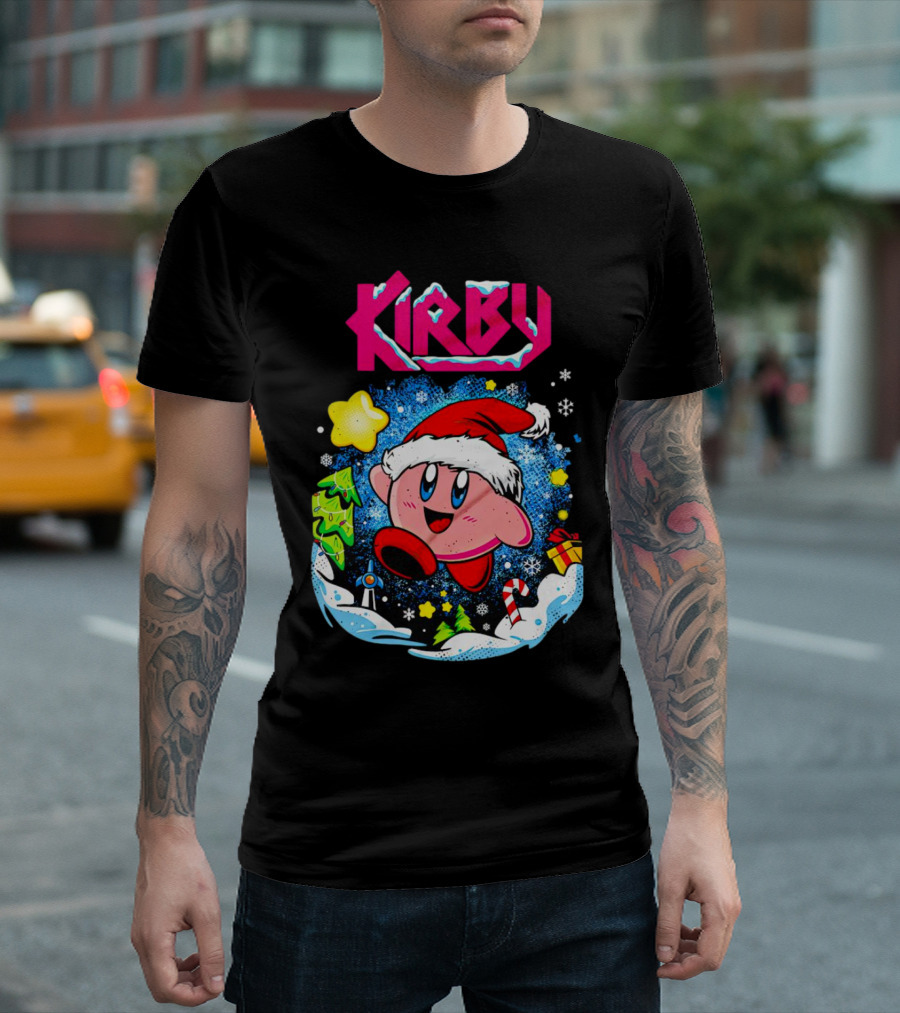 Kirby Holiday Snow Adventure with Kreator Style Santa Hat and Winter Delights T-Shirt