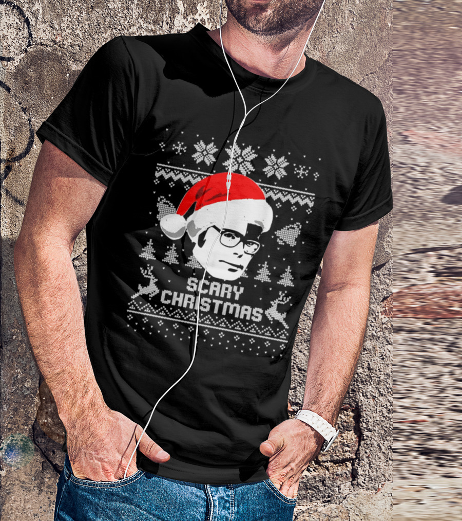 Stephen King Scary Christmas Ugly Sweater Santa Hat Reindeer Snowflakes T-Shirt
