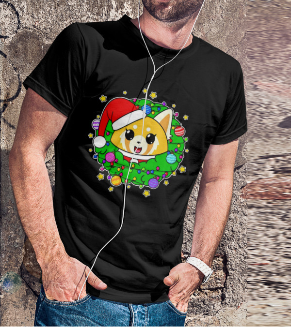 Aggressively Merry Christmas Kawaii Red Panda With Santa Hat In Holiday Wreath T-Shirt