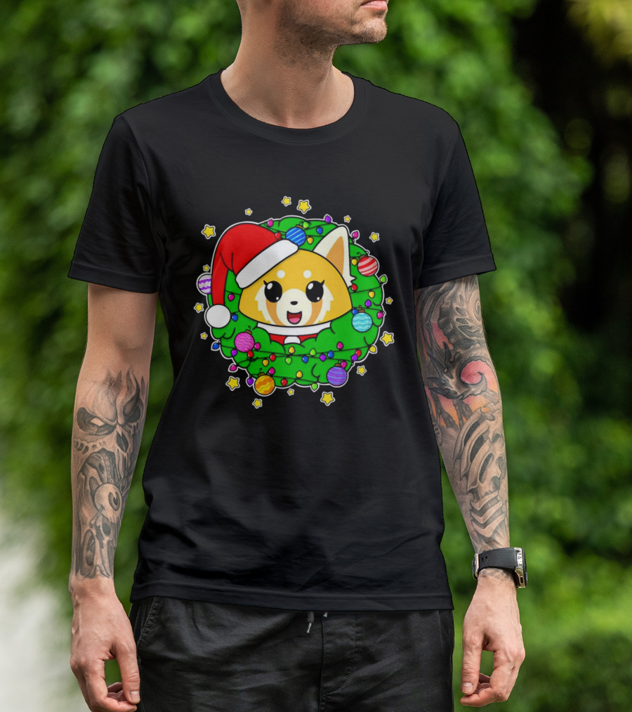 Aggressively Merry Christmas Kawaii Red Panda With Santa Hat In Holiday Wreath T-Shirt