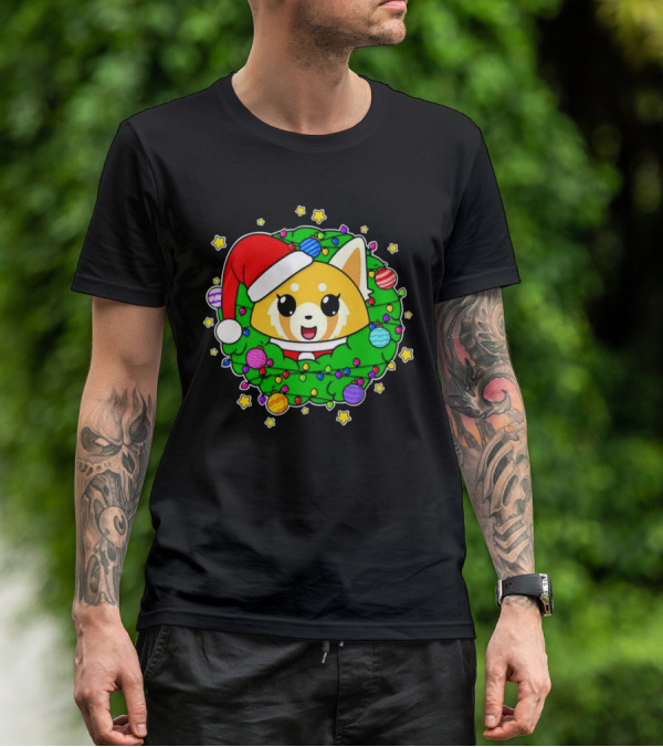 Aggressively Merry Christmas Kawaii Red Panda With Santa Hat In Holiday Wreath T-Shirt