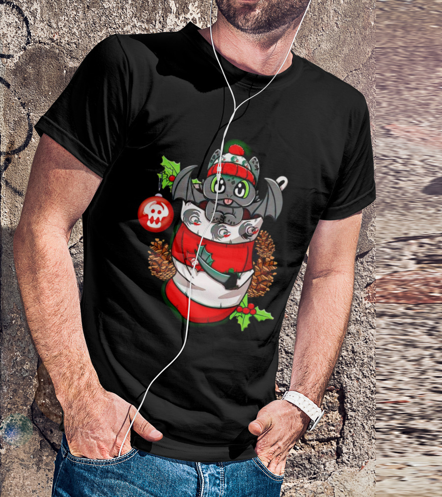 Baby Dragon Holiday Stocking With Skull Ornament And Pinecones T-Shirt