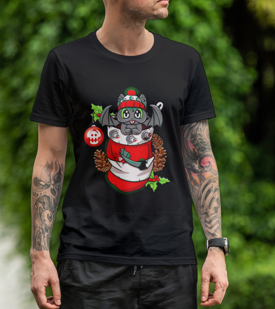 Baby Dragon Holiday Stocking With Skull Ornament And Pinecones T-Shirt