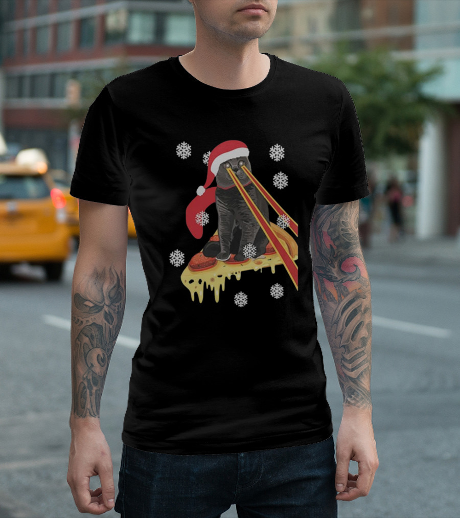 The Guardians Of The Galaxy Drax Cat Pizza Laser Eyes Santa Hat Christmas Snowflakes T-Shirt