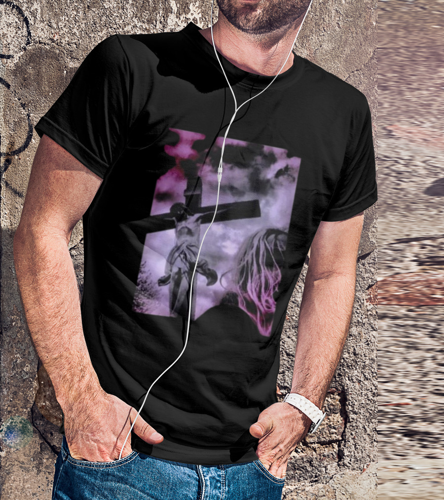 Zakk Wylde Jesus Crucifixion Image With Dark Sky And Blonde Hair Motif T-Shirt