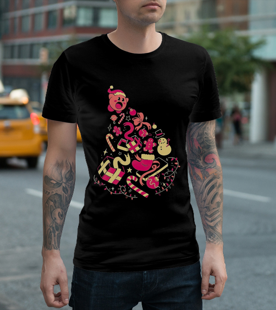 Kirby Christmas Santa Hat and Holiday Icons T-Shirt