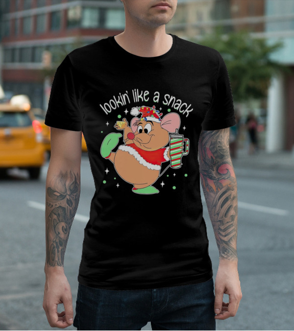 Lookin' Like A Snack Santa Mouse Holding Cheese And Peppermint Drink T-Shirt