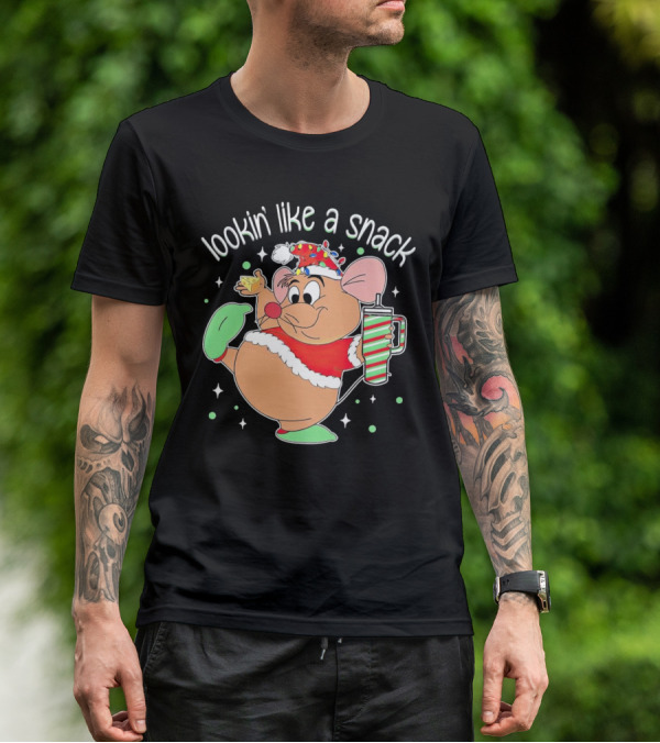Lookin' Like A Snack Santa Mouse Holding Cheese And Peppermint Drink T-Shirt