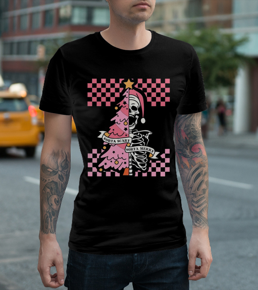 Skeleton Sorta Scary Sorta Merry Christmas Tree Split T-Shirt