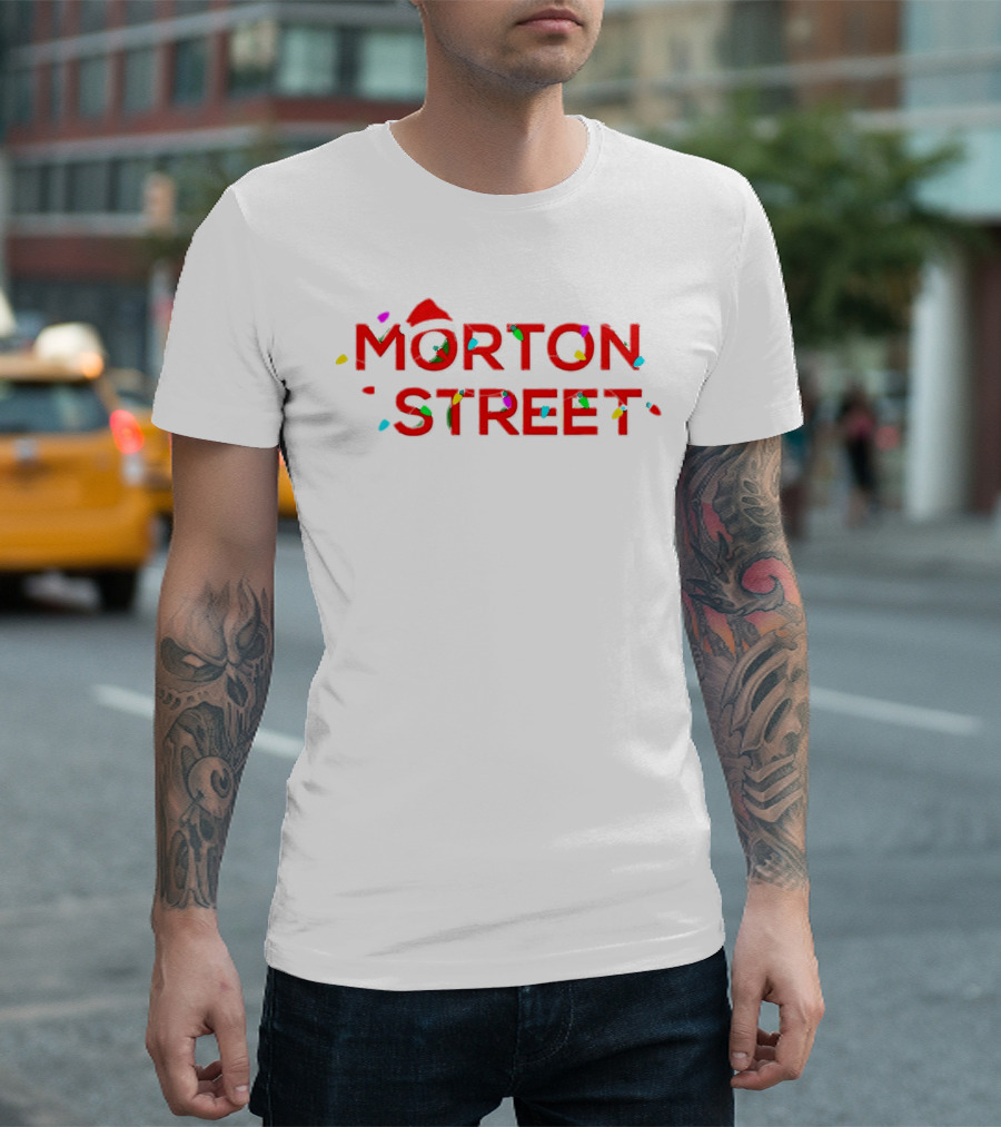 Morton Street Christmas Lights And Santa Hat T-Shirt