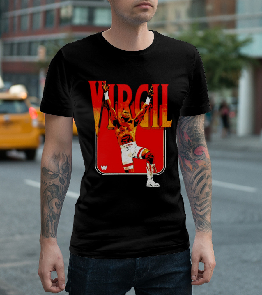Virgil Wrestling Iconic Pose with Red Background and White Boots T-Shirt