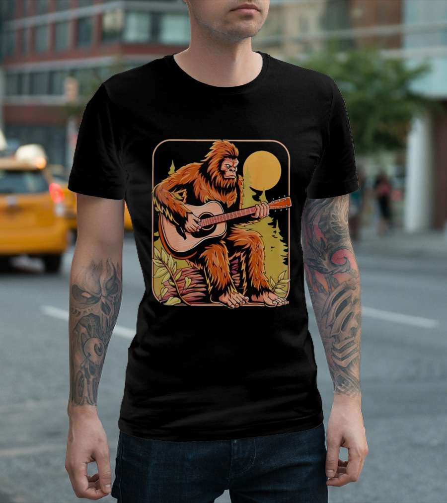 Bigfoot Playing Acoustic Guitar in Forest Scene T-Shirt