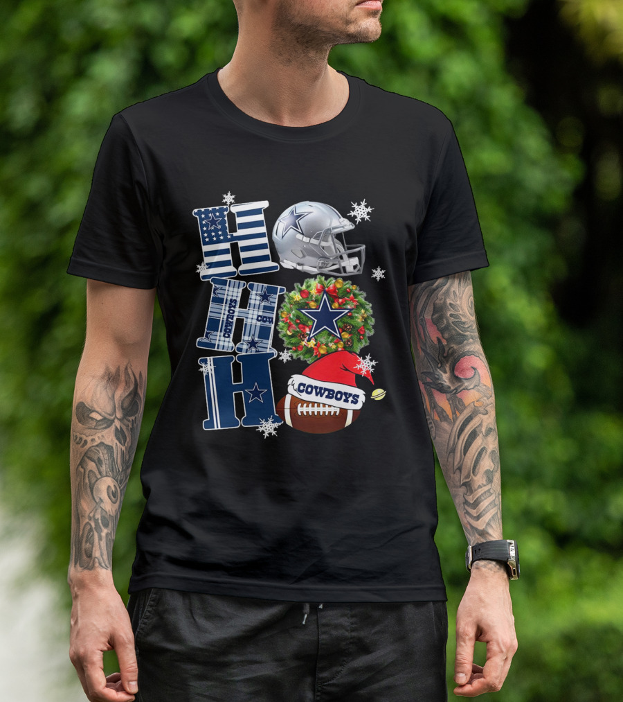 Dallas Cowboys NFL Ho Ho Ho Christmas Football Helmet Wreath Santa Hat T-Shirt