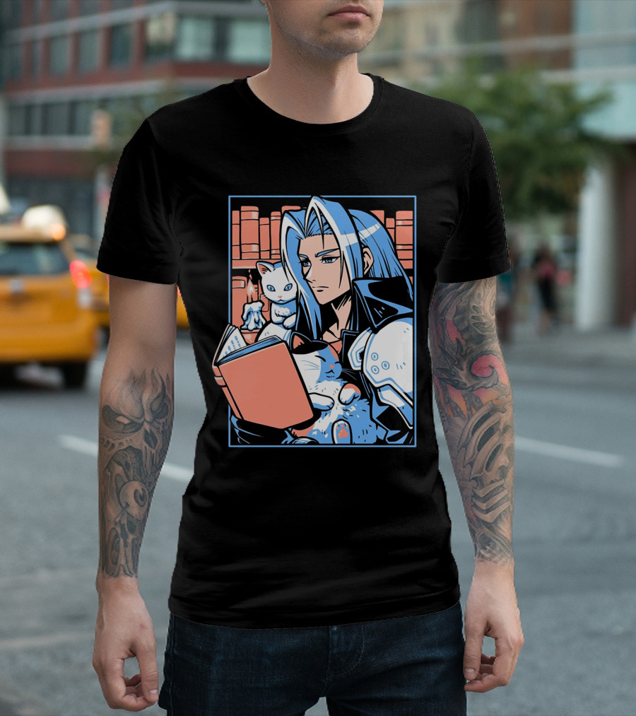 Sephiroth Reading in Basement Library with Cats and Books T-Shirt