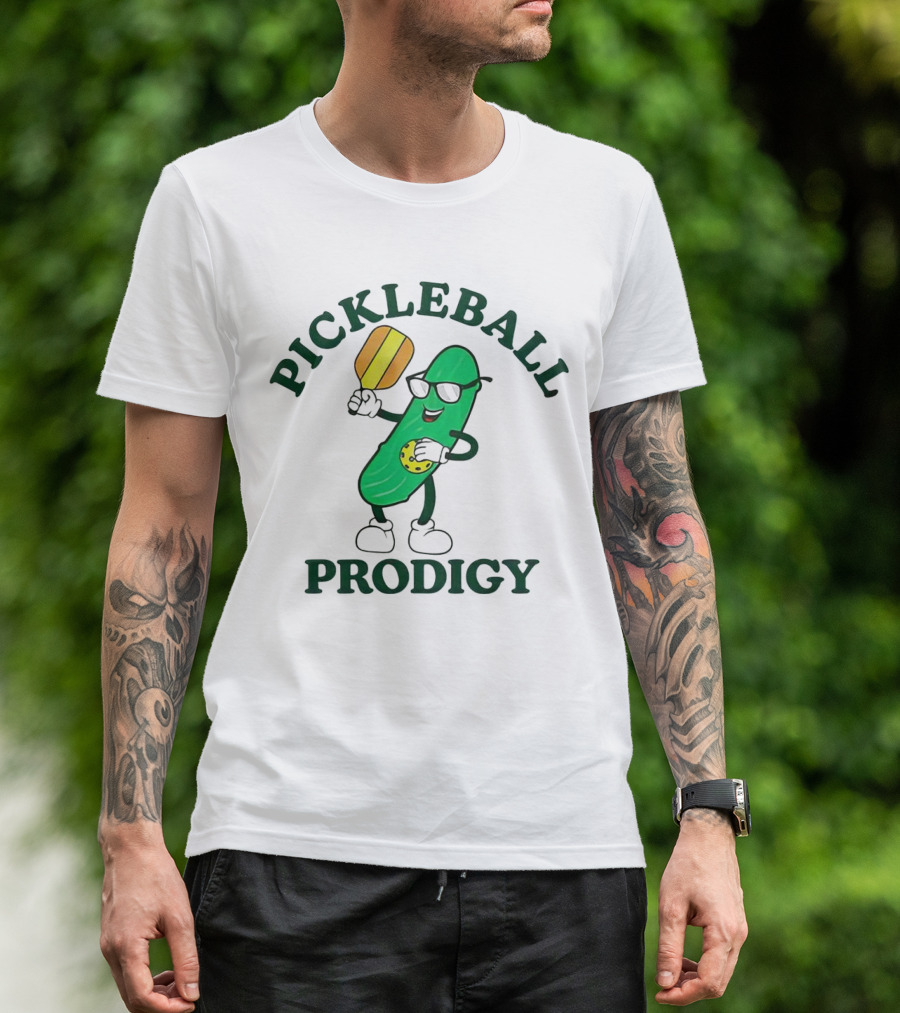 PICKLEBALL PRODIGY FUN PICKLE CHARACTER WITH PADDLE AND SUNGLASSES T-Shirt