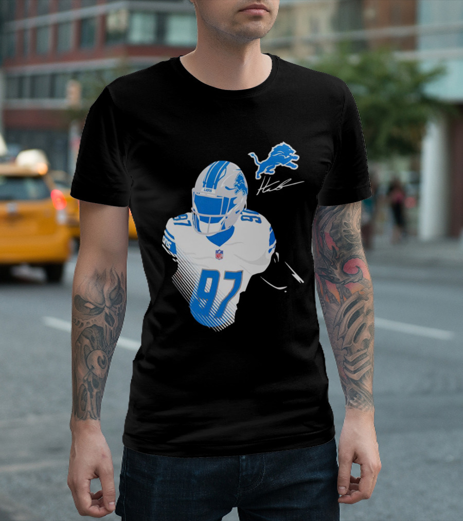 Aidan Hutchinson Detroit Lions Player Signature 97 NFL Logo Lions Helmet T-Shirt