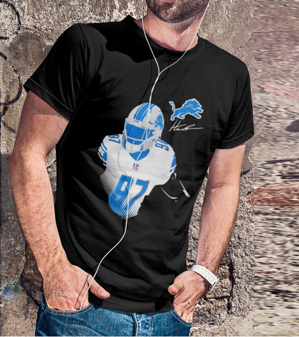 Aidan Hutchinson Detroit Lions Player Signature 97 NFL Logo Lions Helmet T-Shirt