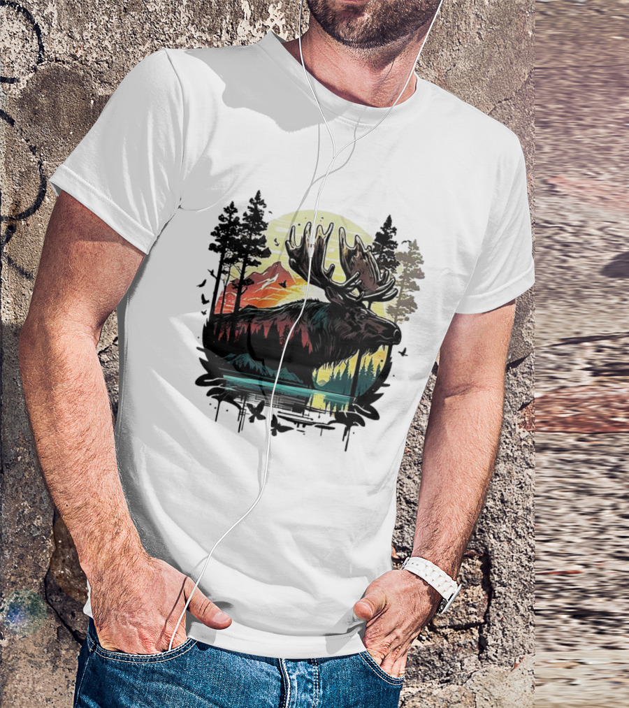 Moose In The Forest With Sunset And Mountain Landscape T-Shirt