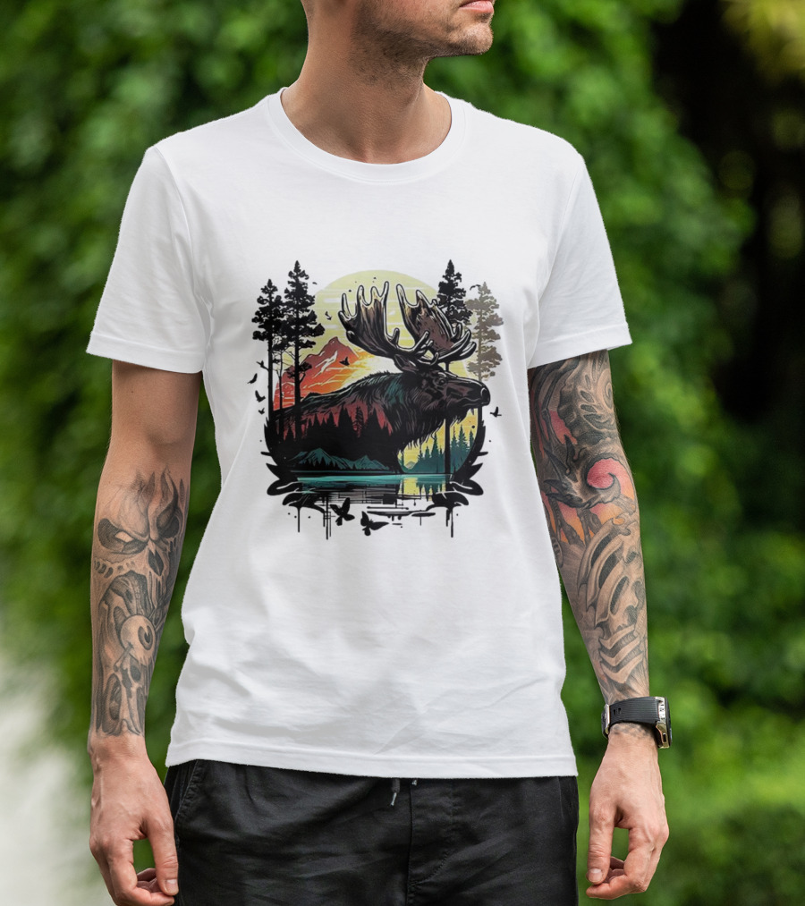 Moose In The Forest With Sunset And Mountain Landscape T-Shirt