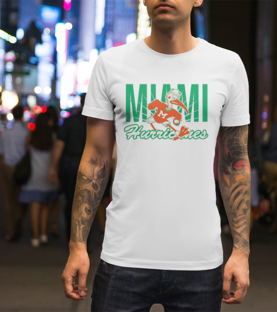 Miami Hurricanes Sebastian The Ibis Mascot With Bold Lettering T-Shirt