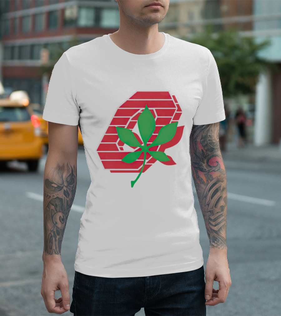 Ohio State Buckeyes Scarlet and Gray O with Green Leaf Emblem T-Shirt
