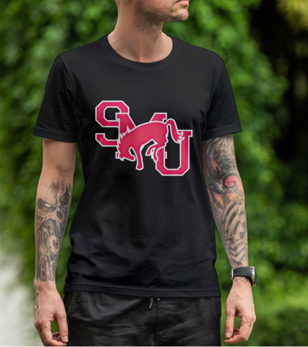 SMU Mustangs Red Logo With Jumping Mustang T-Shirt