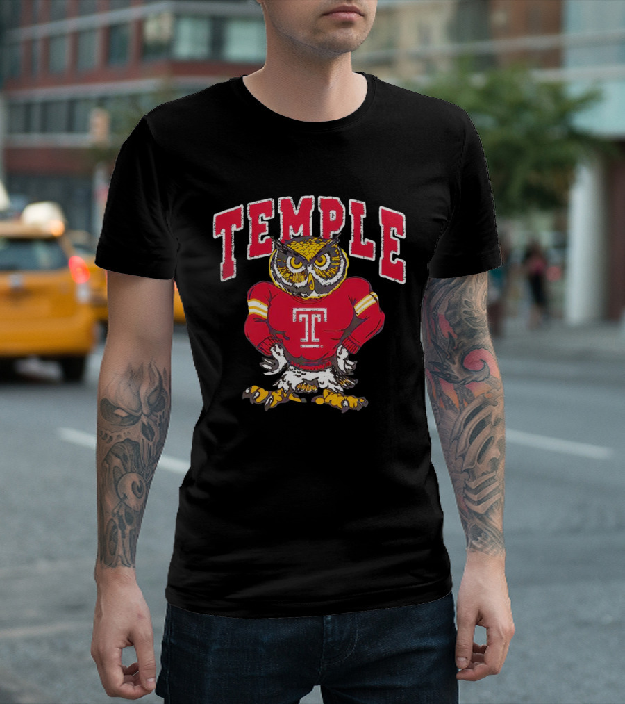 Temple Owls Football Mascot in Red Jersey with Bold Temple Text T-Shirt