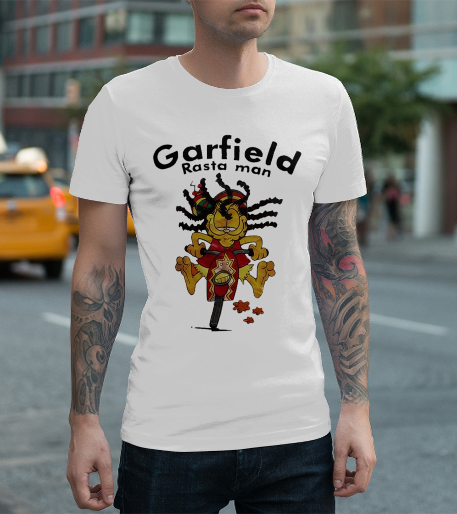 Garfield Rasta Man Dreadlocks Bicycle Whimsical Fun T-Shirt
