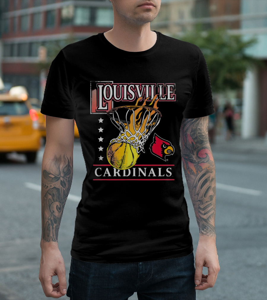 Louisville Cardinals Flaming Basketball Hoop T-Shirt