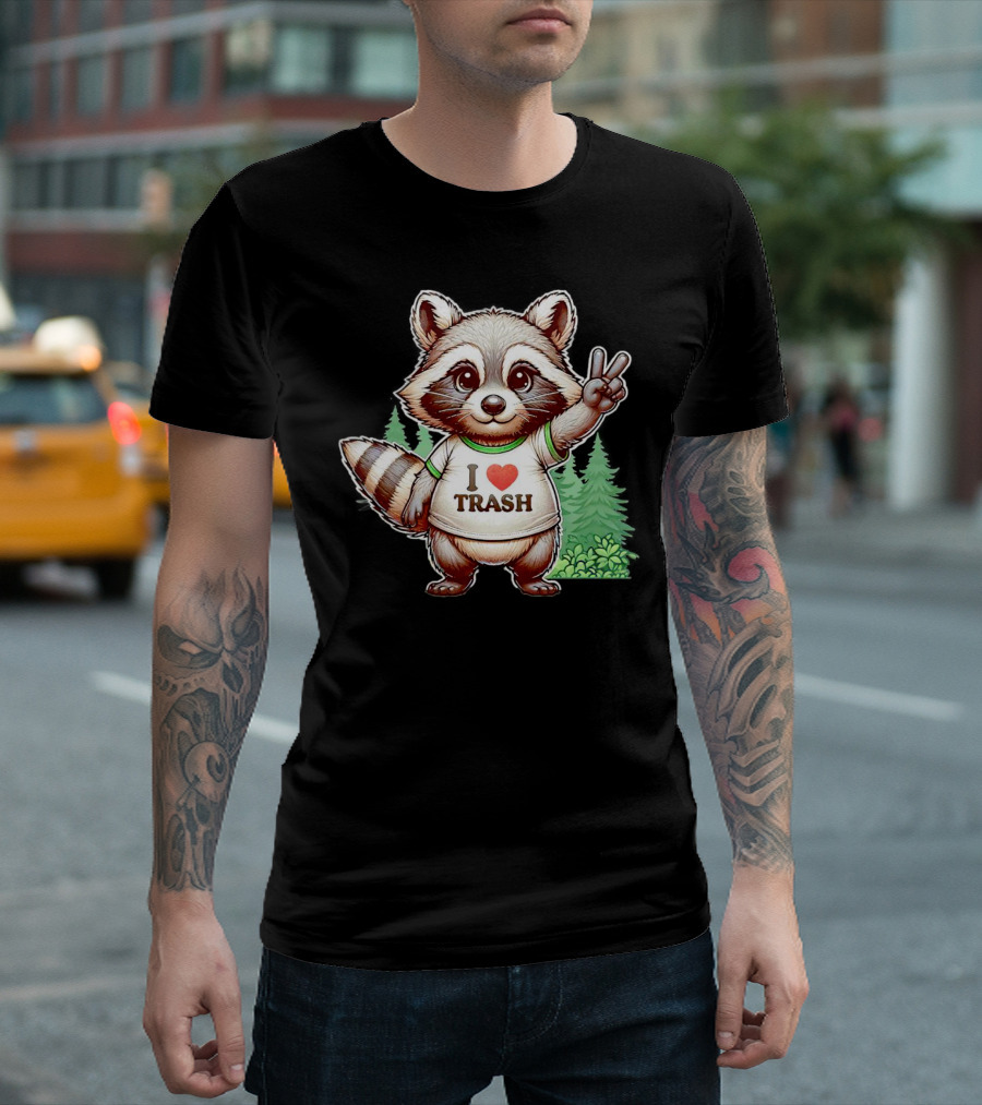 Raccoon I Love Trash Peace Sign in Forest Background T-Shirt