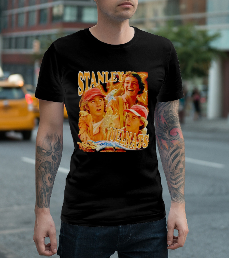Stanley Yelnats Character Collage with Orange Background and Lizard T-Shirt