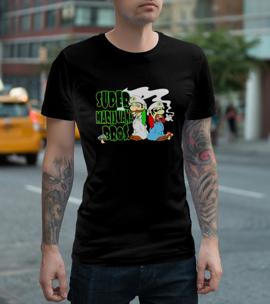 Super Marijuana Bros Weed Parody With Smoking Characters And Mushrooms T-Shirt