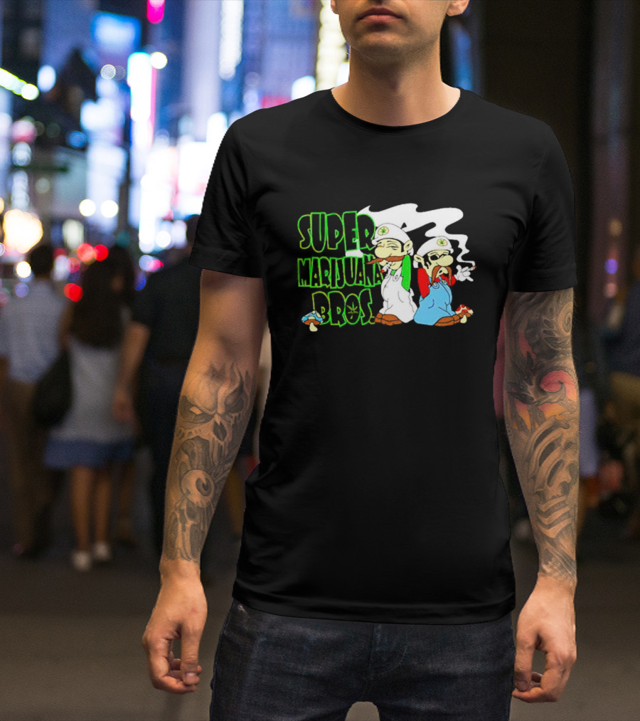 Super Marijuana Bros Weed Parody With Smoking Characters And Mushrooms T-Shirt