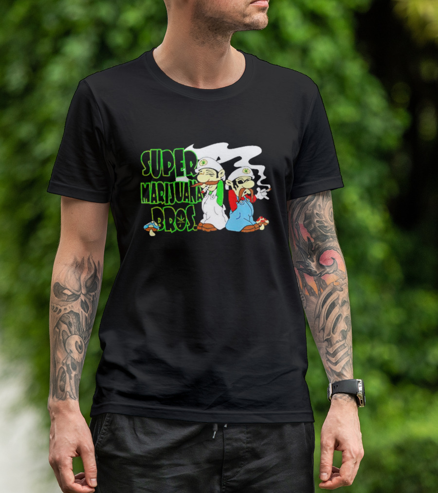Super Marijuana Bros Weed Parody With Smoking Characters And Mushrooms T-Shirt