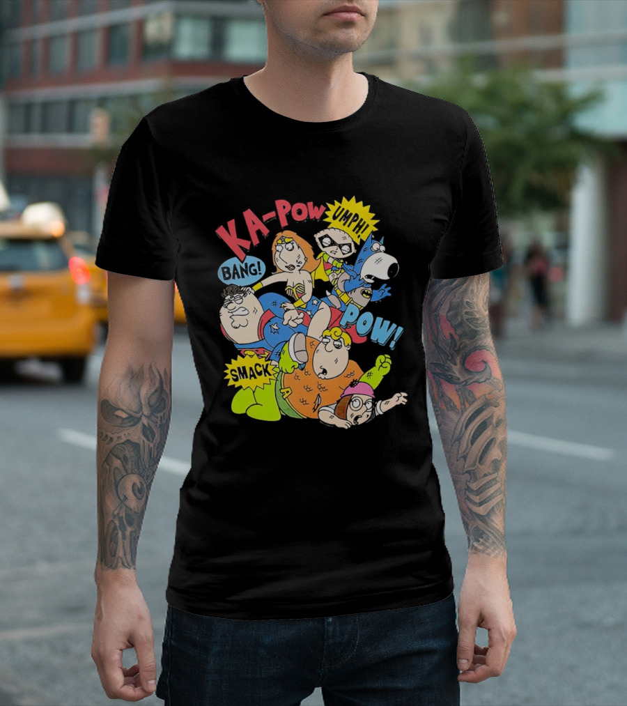 Family Guy Superhero Stewie Brian Peter Lois Chris Meg Ka-Pow Bam Pow Smack Bang T-Shirt