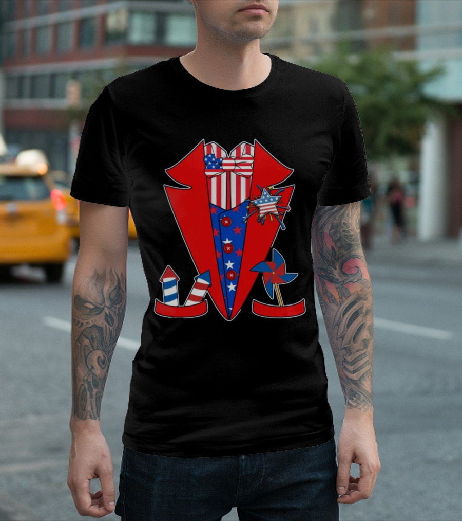 Patriotic Red White Blue Tuxedo with Stars Stripes and Rocket Pinwheels T-Shirt