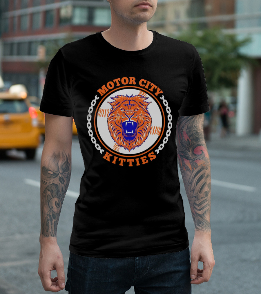 Motor City Kitties Baseball MLB Detroit Tigers Lion Chain Emblem T-Shirt