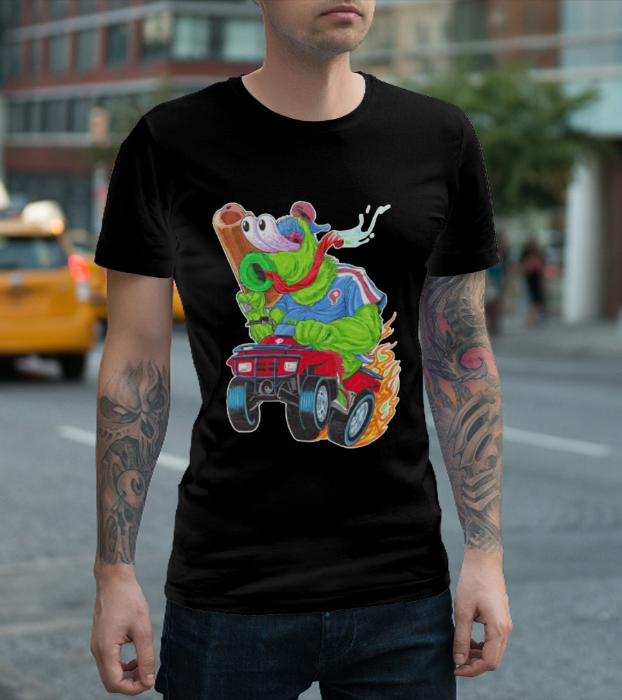 Phillie Phanatic Philadelphia Phillies Pheast Mode Mascot with Cannon Riding ATV T-Shirt